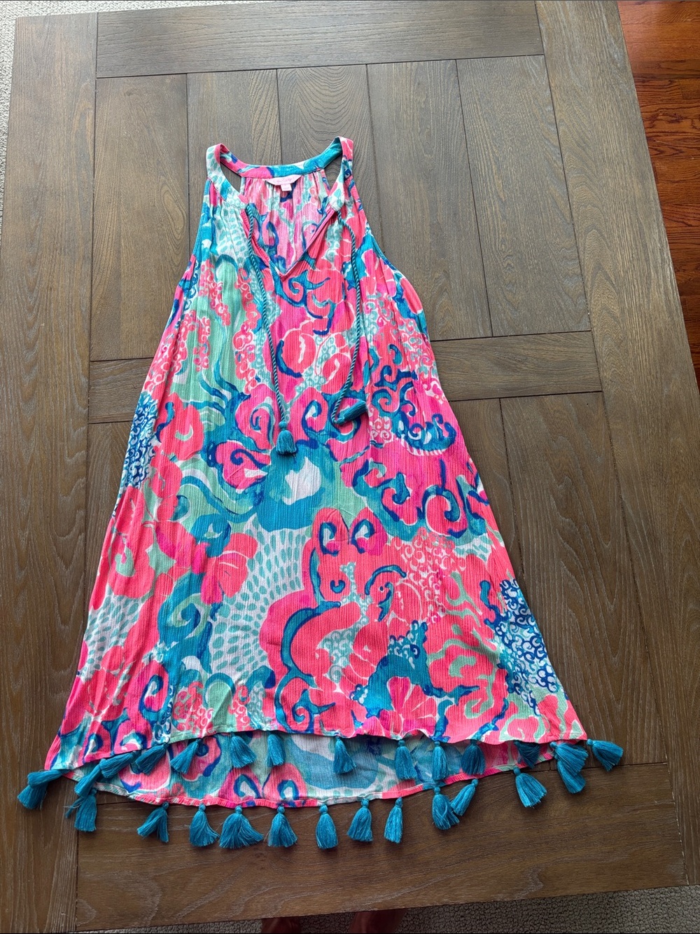 Lilly Pulitzer Pink & Turquoise Tropical Print Tassel Hem Dress